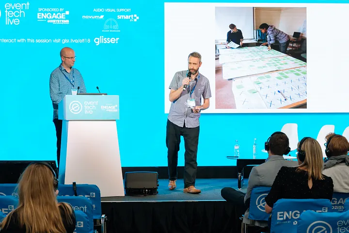 Lineup Ninja presenting our product in a startup pitching competition at Event Tech Live in 2018. This enabled us to show off our product to a wide audience without them being put under any direct pressure to buy. It also helps Event Tech Live build a reputation for showing off innovative products while forming relationships with startups who may go on to become future exhibitors. Image of Lineup Ninja presenting their product in a startup pitching competition at Event Tech Live in 2018